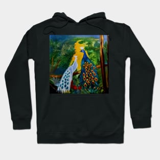 Two peacocks in the forest on a branch. Hoodie